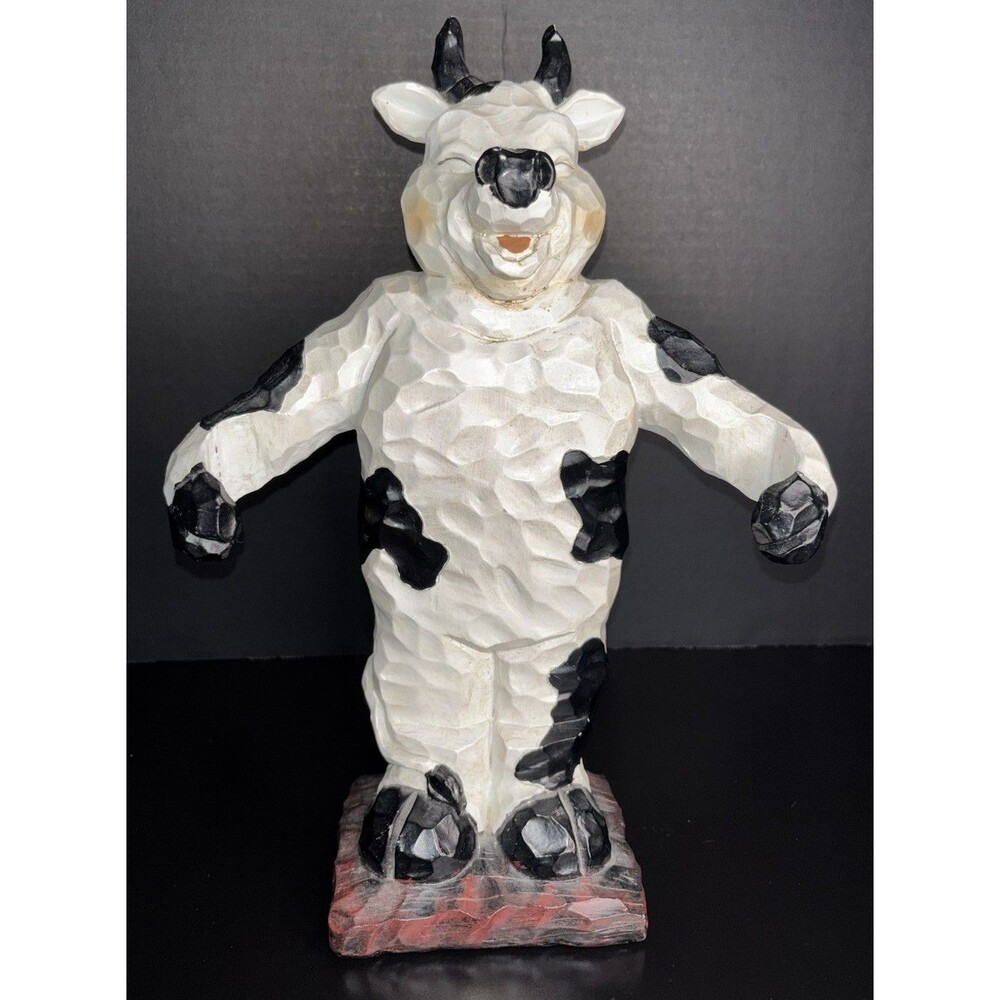 Happy Cow Standing Rustic Farmhouse Decor Resin Sculpture Black White 12” Tall